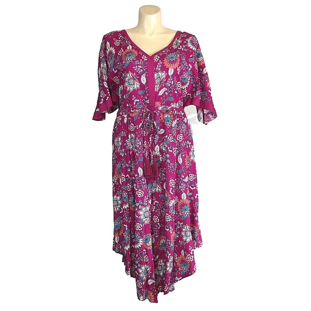 NWT Roamans Dress 18W Pink Floral Asymmetric Long Maxi Open Back Tie Tassel